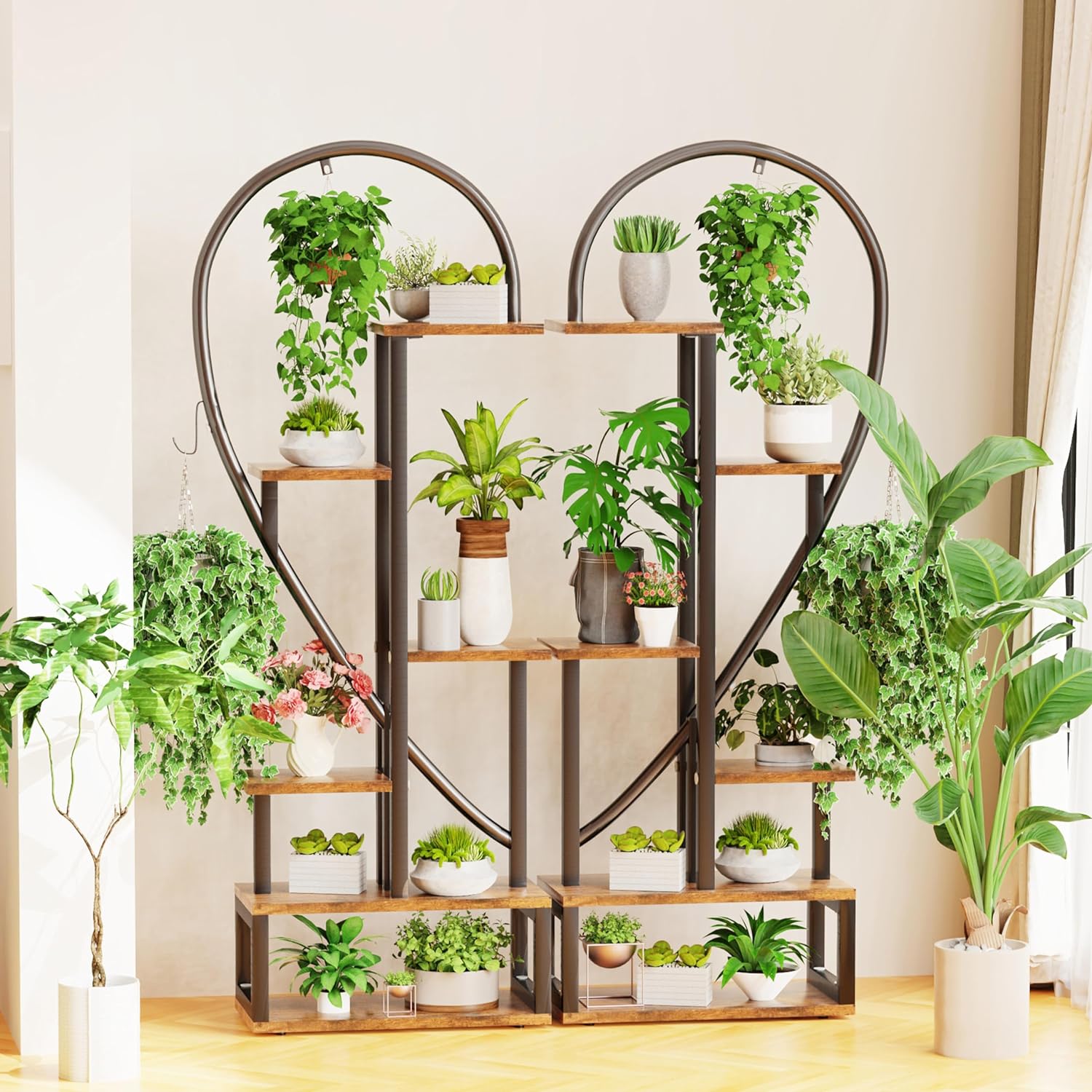 6-Tier Indoor Plant Stand: Tall Wood and Metal Plant Shelf Storage Large Flower Pots Display Ladder Rack Multi-Purpose Storage Unite Shelf for Garden Balcony Living Room Heart Shaped