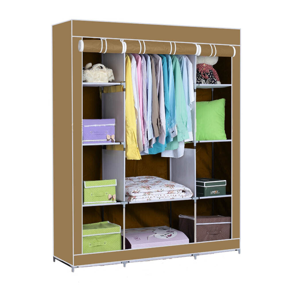 PRACTICAL FABRIC CANVAS WARDROBE HANGING RAIL SHELVING CLOTHES STORAGE CUPBOARD