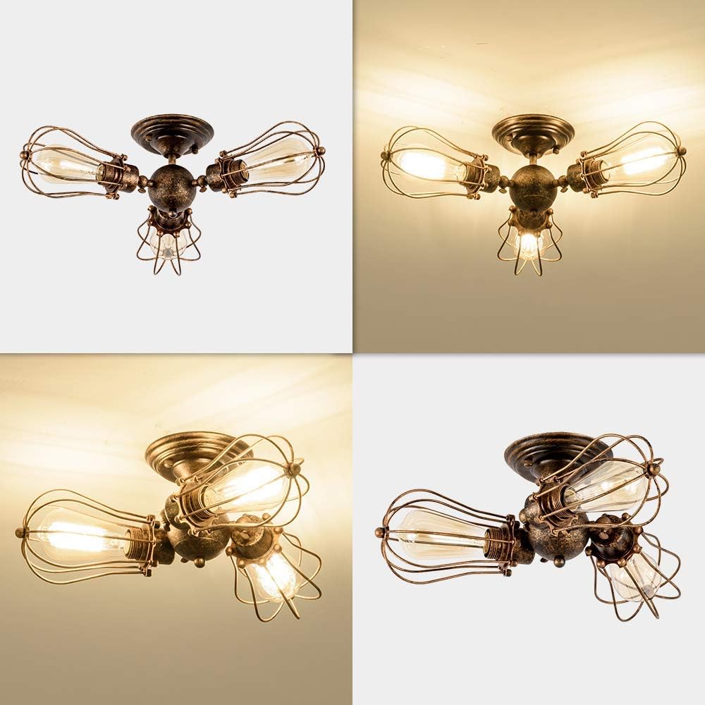 Vintage Ceiling Light Industrial, Chandeliers Adjustable Socket Metal Wire Cage Lamp Semi-Flush Mount Rustic Ceiling Light Metal Lamp Fixtures (No Bulb) (with 3 Light) (Bronze)