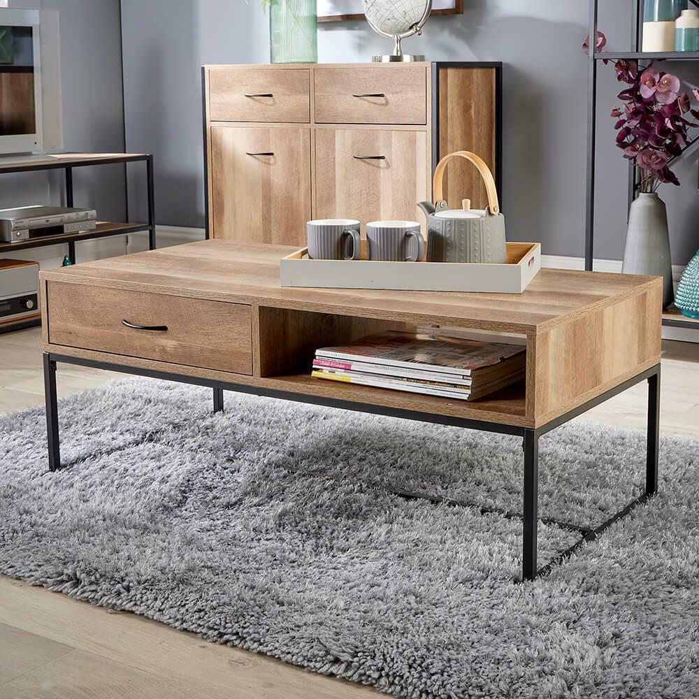 Coffee Table Storage Organiser Oak Effect Industrial Metal Living Room Furniture