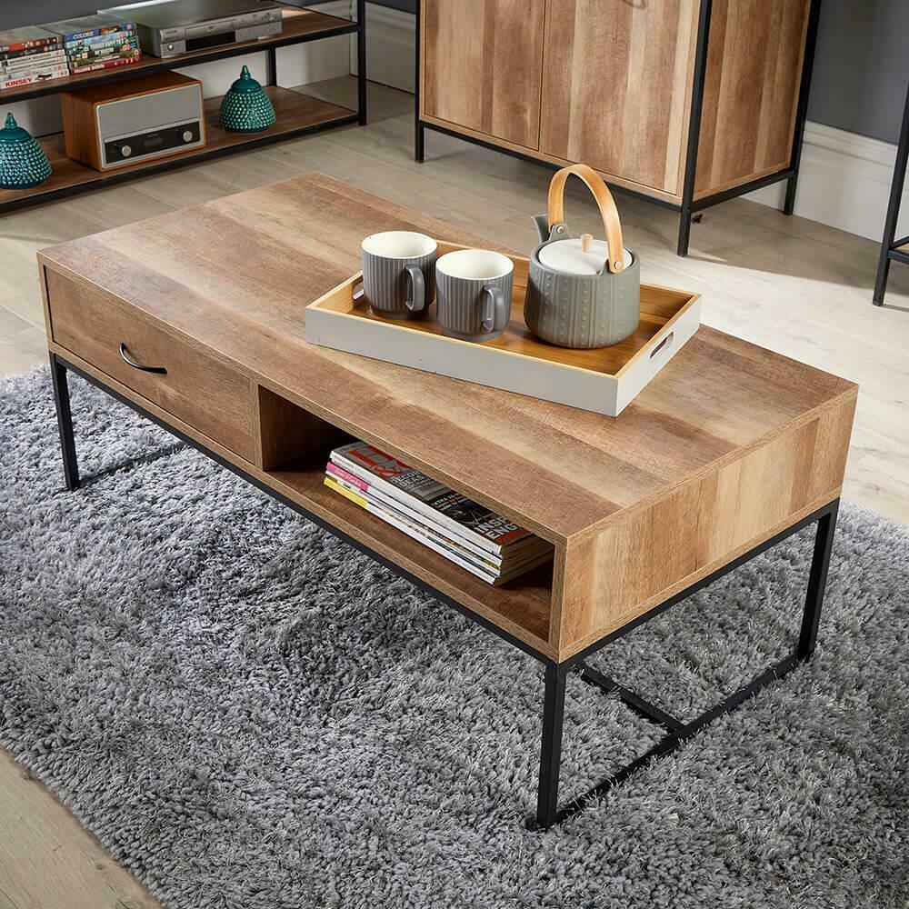 Coffee Table Storage Organiser Oak Effect Industrial Metal Living Room Furniture