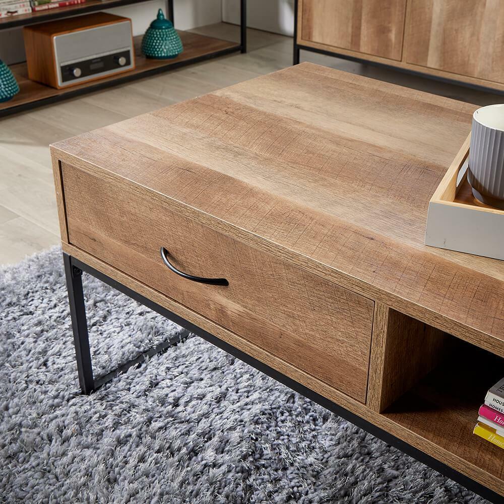 Coffee Table Storage Organiser Oak Effect Industrial Metal Living Room Furniture