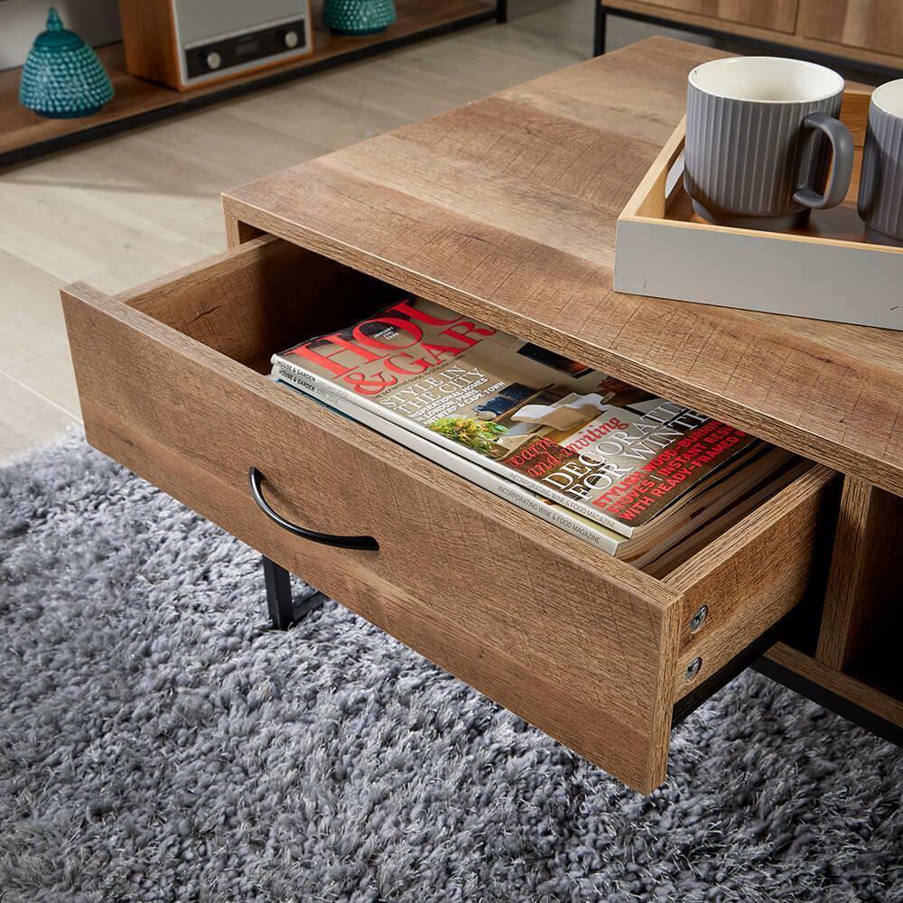 Coffee Table Storage Organiser Oak Effect Industrial Metal Living Room Furniture