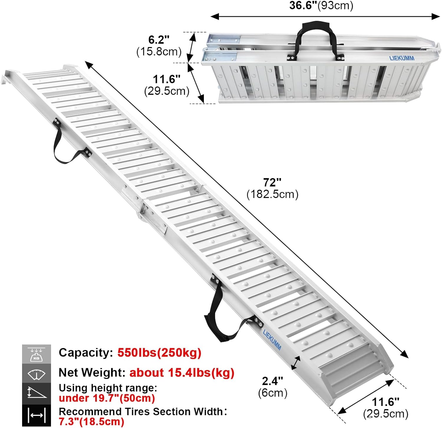 180cm Aluminum Loading Ramp, 250kg Capacity, Motorcycle Ramps for ATV Truck Scooter Quad Lawn Mower and Fordirt Bike, Foldable,1 piece, Silver