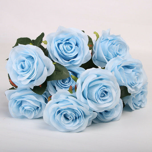 10 Heads Silk Rose Artificial Flowers Bouquet Bunch Wedding Garden Home Decor Light blue