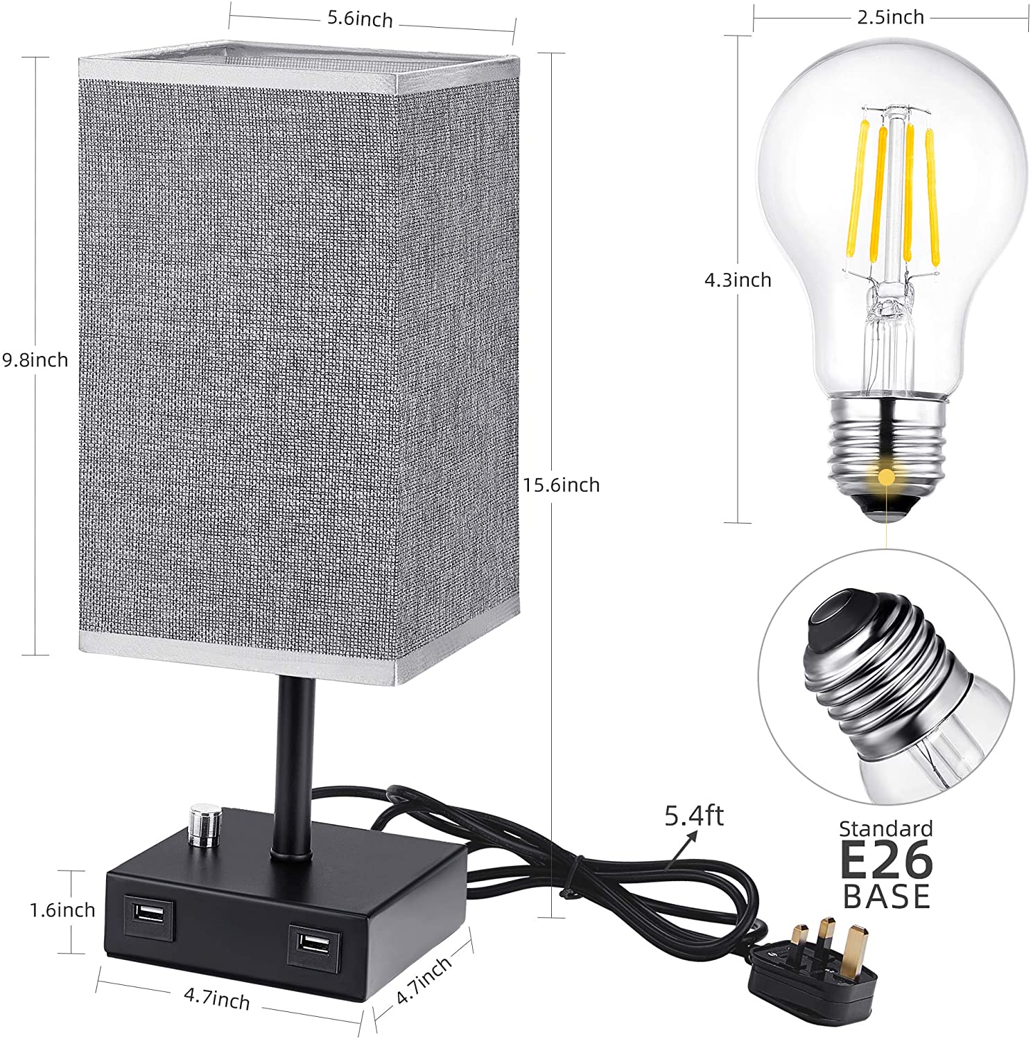 USB Bedside lamp with 2 charging ports