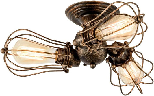 Vintage Ceiling Light Industrial, Chandeliers Adjustable Socket Metal Wire Cage Lamp Semi-Flush Mount Rustic Ceiling Light Metal Lamp Fixtures (No Bulb) (with 3 Light) (Bronze)