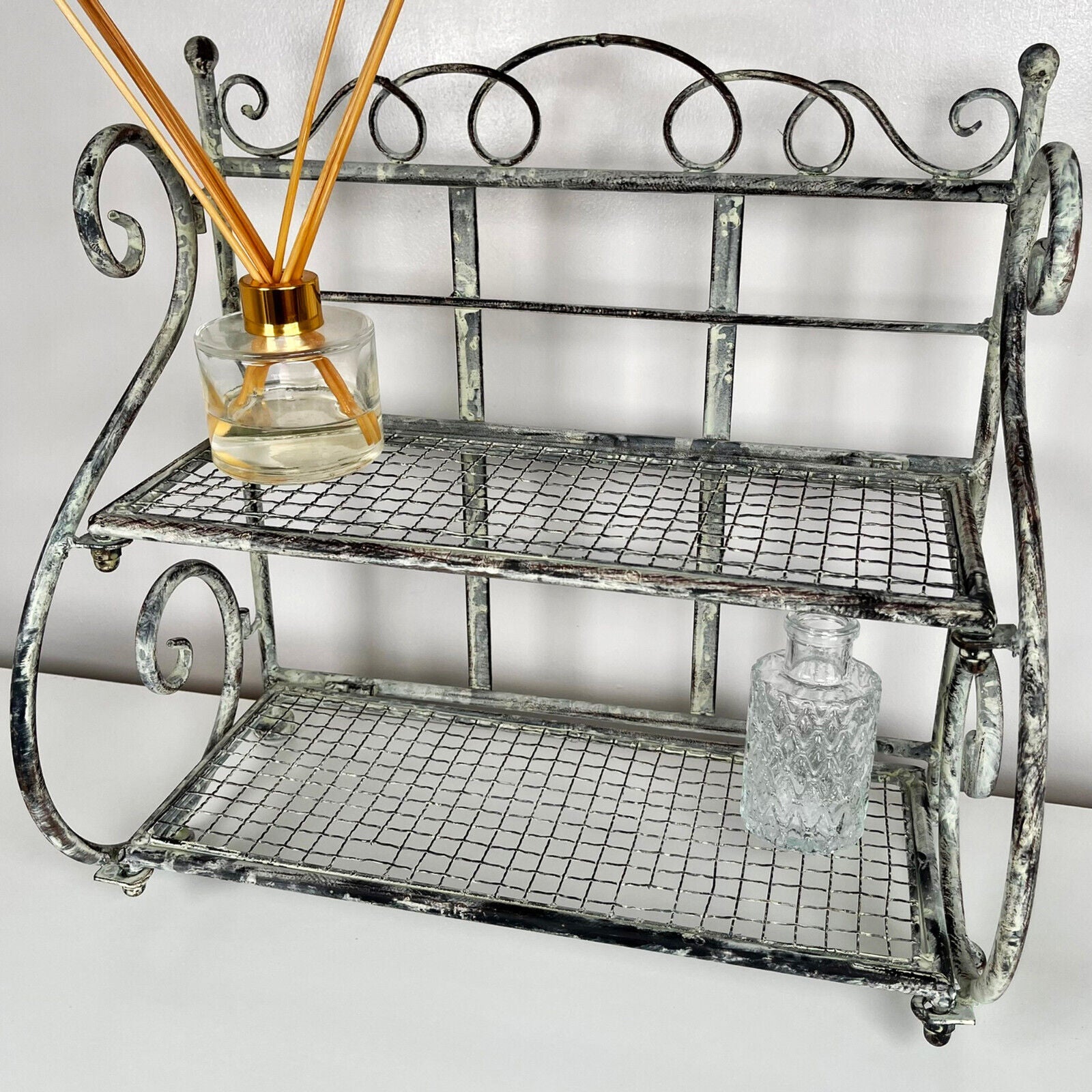 2 Tier Scroll Shelf Metal Standing Folding Unit Shabby Chic French Country Rack