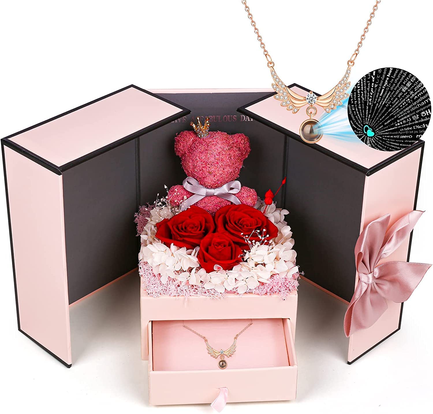 Preserved Rose Gifts Set Includes 925 Sterling Silver Necklace with I love you in 100 languages