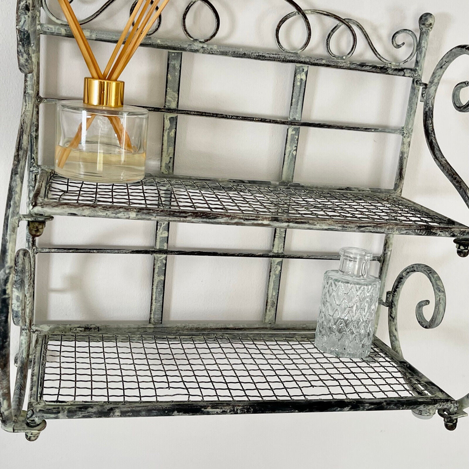 2 Tier Scroll Shelf Metal Standing Folding Unit Shabby Chic French Country Rack