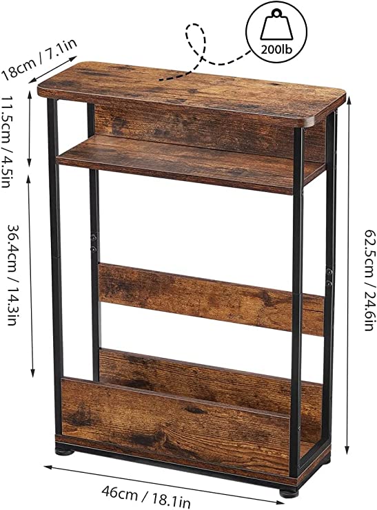 Vintage Narrow Side Table with Storage Shelf, 3 Tier Slim End Table