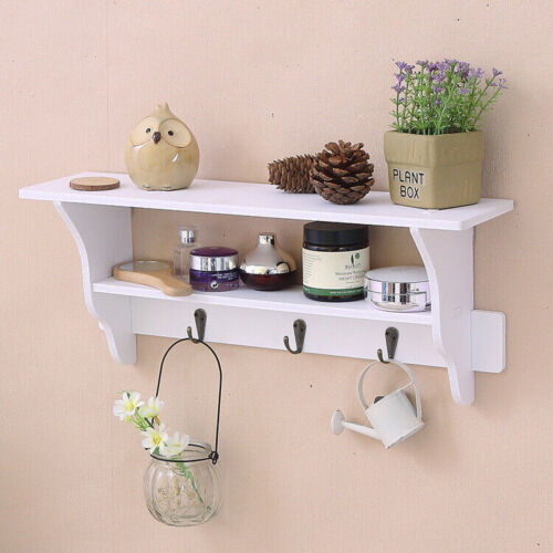 Wall Mounted Hanging 3 Hooks Hat Key Holder Rack Shelf White