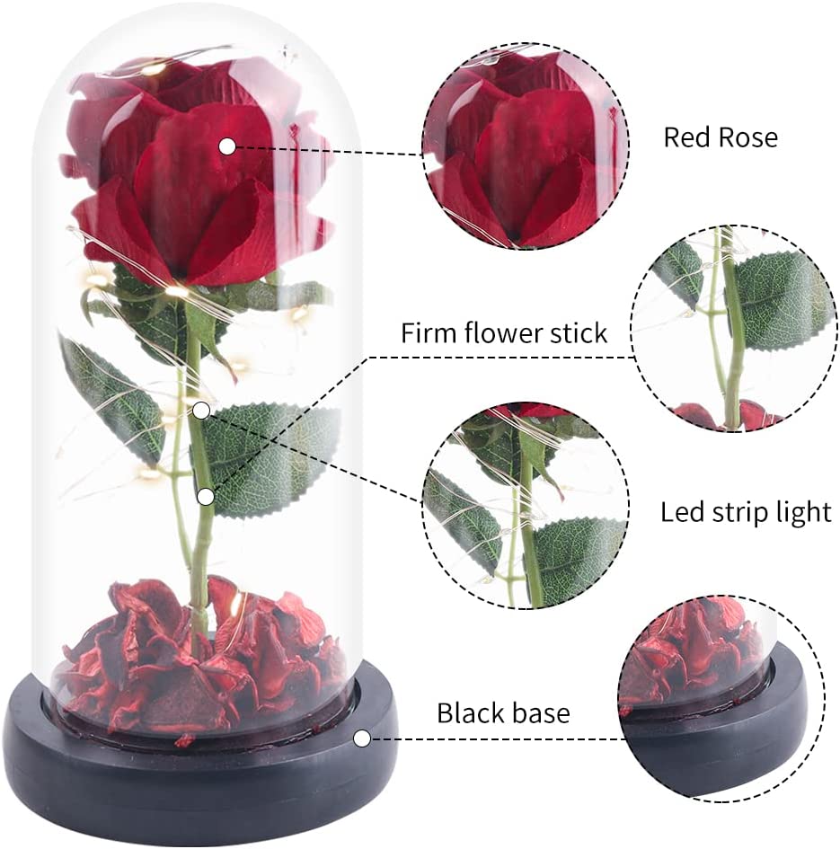 Artificial Flower Led Light in Glass Dome on Wooden Base