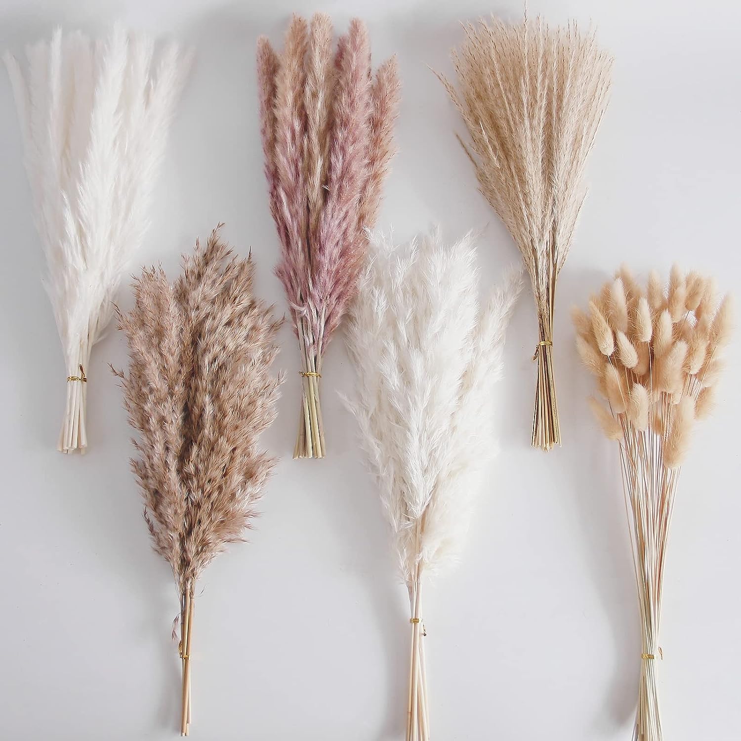 110 PCS Dried Pampas Grass Bouquet, Boho Table Decor, Bunny Tails Dried Flowers, Brown Pompas, White Pampas Grass for Wedding, Home, Rustic Party, Baby Shower Decorations