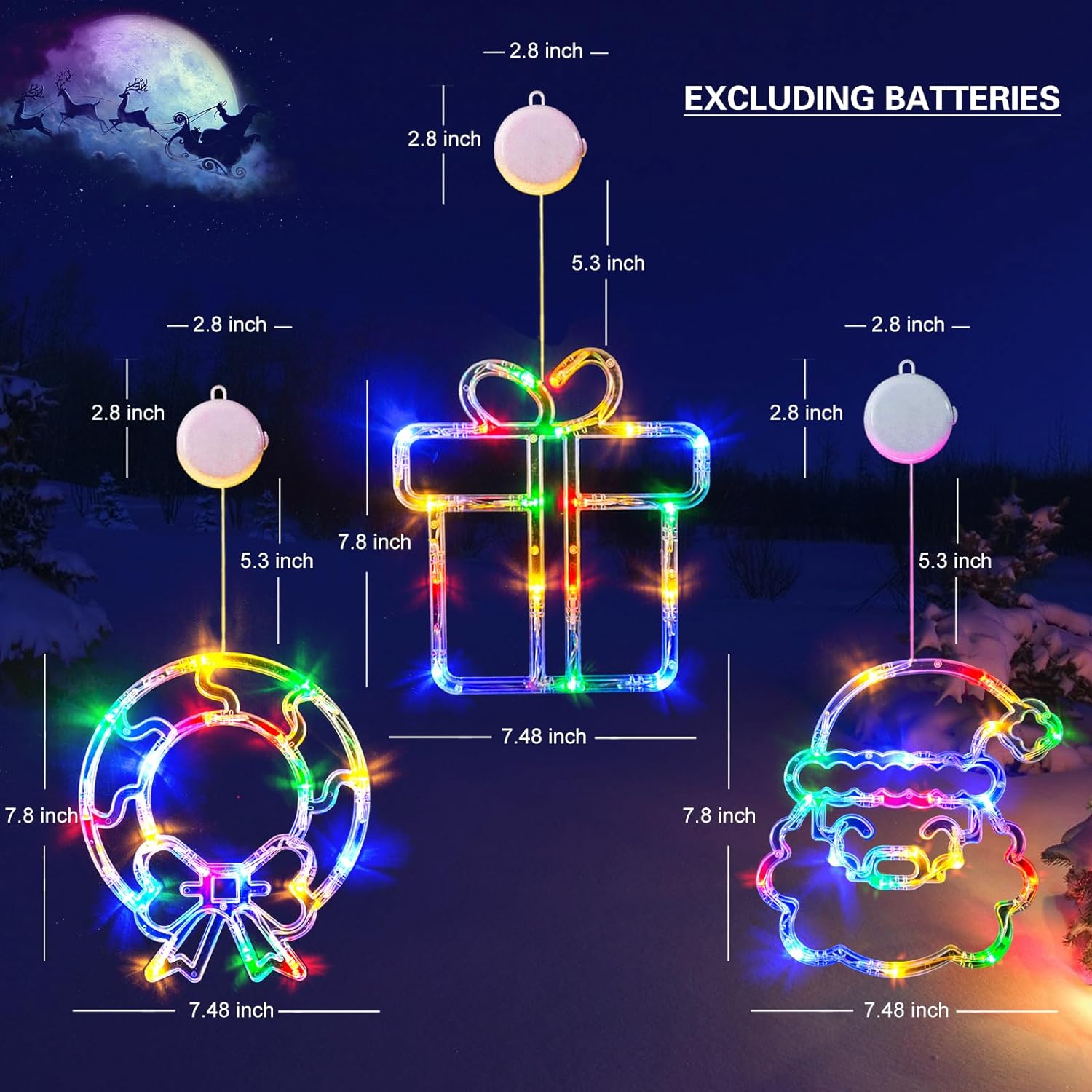 Christmas Decorations, 3 Pack Wreath, Gift Box, Santa Claus Christmas Window Lights with Suction Cups, Battery Operated(Excluded) Indoor Lights for New Year, Built-in Slow Fade Mode and Timer