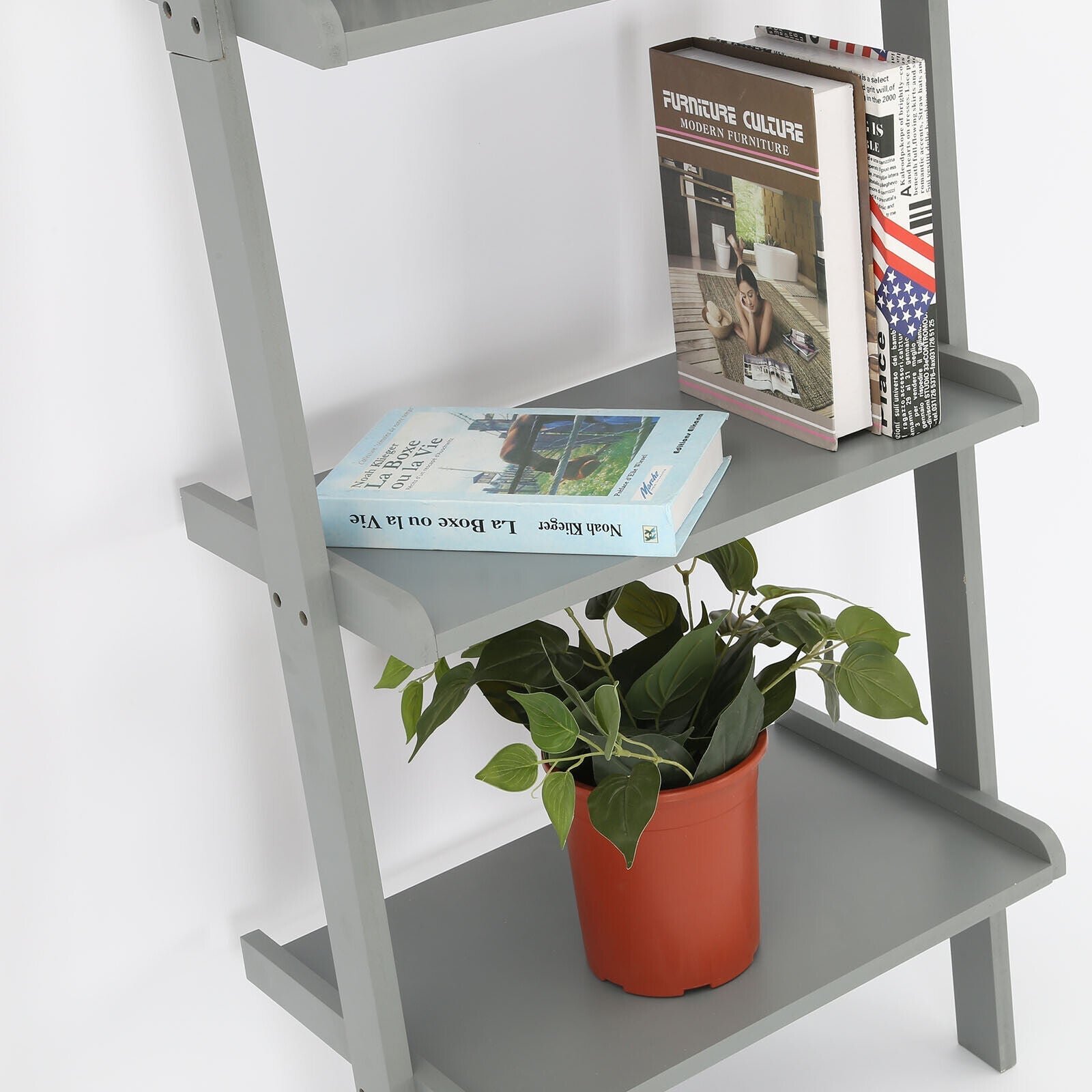 Grey Ladder Shelving Unit 5 Tier Display Stand Book Shelf Wall Rack Storage