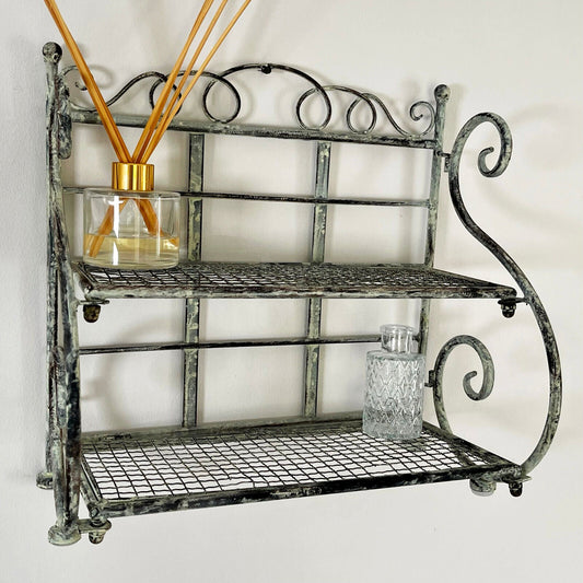 2 Tier Scroll Shelf Metal Standing Folding Unit Shabby Chic French Country Rack