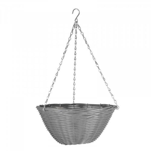 14'' Hanging Basket Rattan Faux Grey Outdoor Garden Planter Plants Flowers Slate