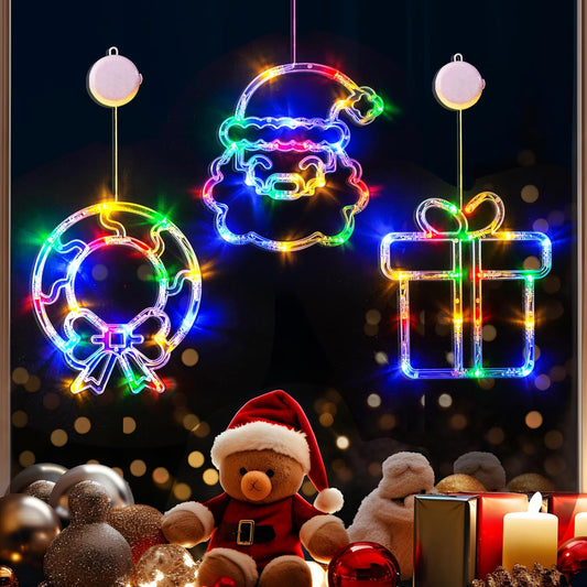 Christmas Decorations, 3 Pack Wreath, Gift Box, Santa Claus Christmas Window Lights with Suction Cups, Battery Operated(Excluded) Indoor Lights for New Year, Built-in Slow Fade Mode and Timer