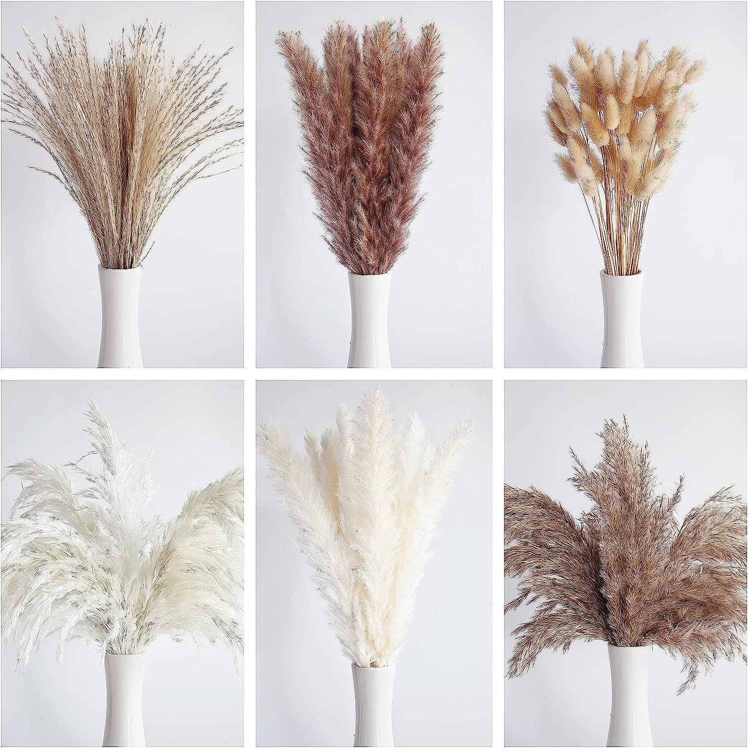 110 PCS Dried Pampas Grass Bouquet, Boho Table Decor, Bunny Tails Dried Flowers, Brown Pompas, White Pampas Grass for Wedding, Home, Rustic Party, Baby Shower Decorations