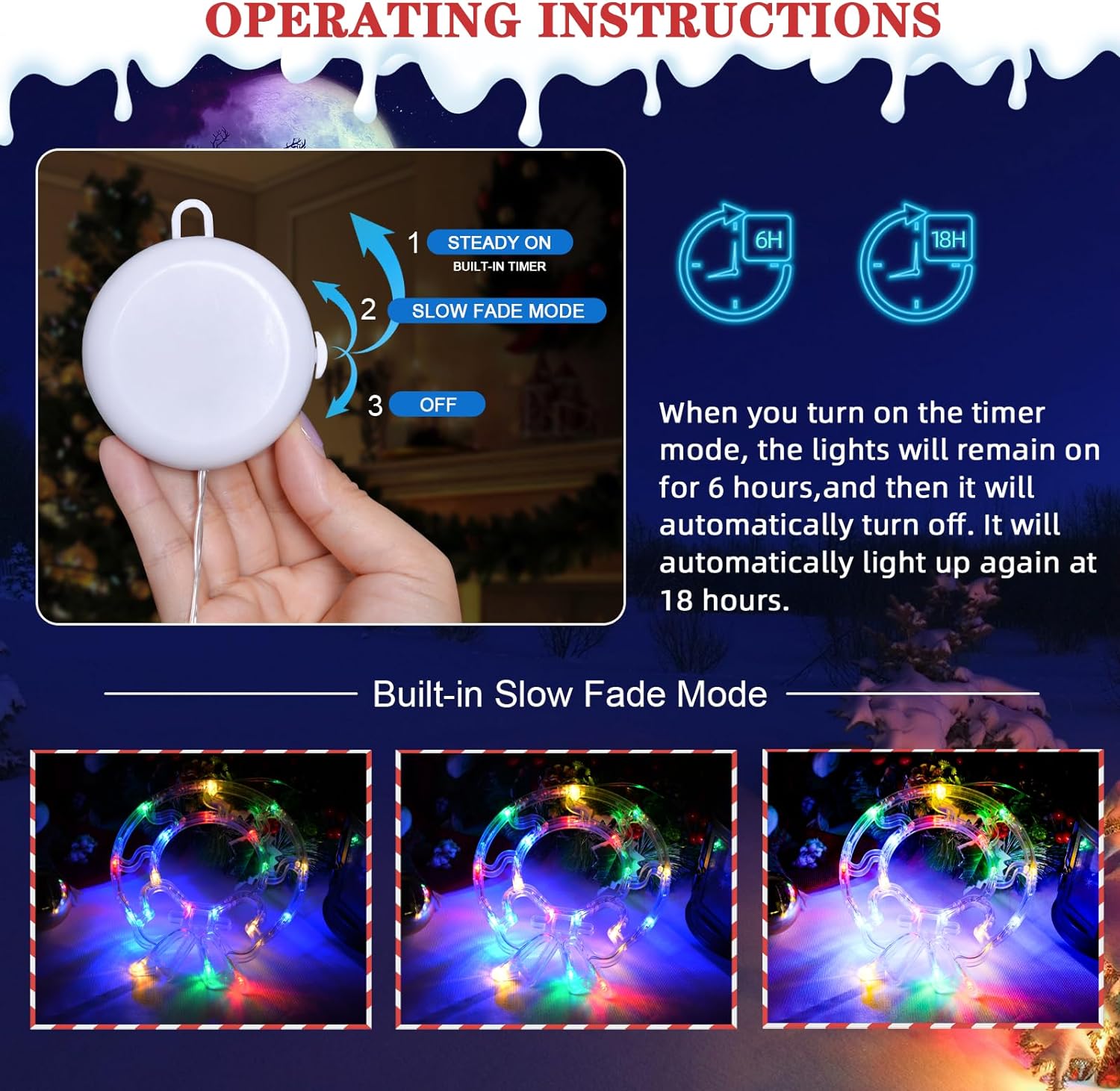 Christmas Decorations, 3 Pack Wreath, Gift Box, Santa Claus Christmas Window Lights with Suction Cups, Battery Operated(Excluded) Indoor Lights for New Year, Built-in Slow Fade Mode and Timer