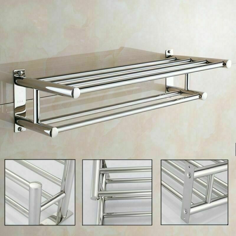 60CM Large Double Chrome Towel Rail Holder Wall Mounted Bathroom Rack Shelf