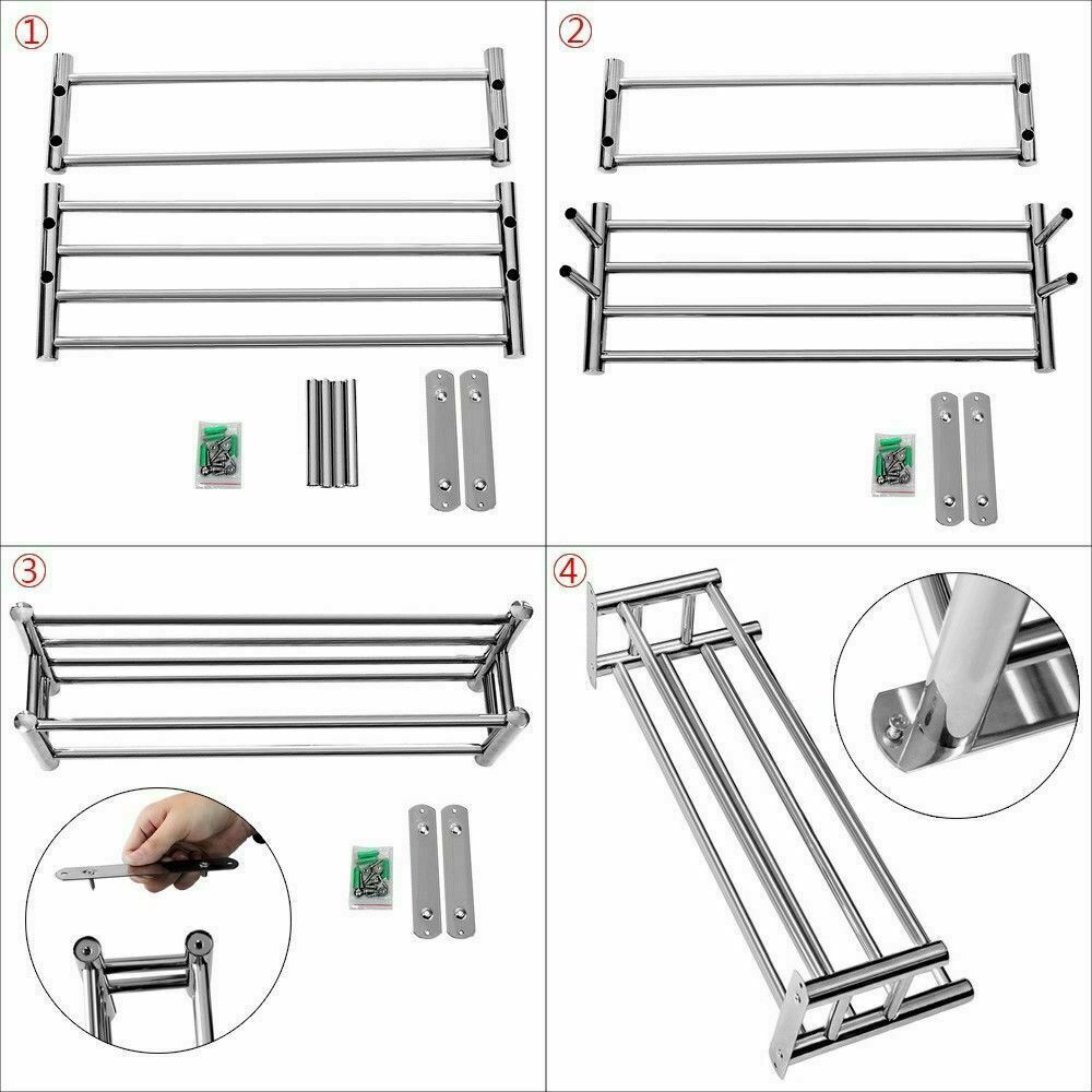 60CM Large Double Chrome Towel Rail Holder Wall Mounted Bathroom Rack Shelf