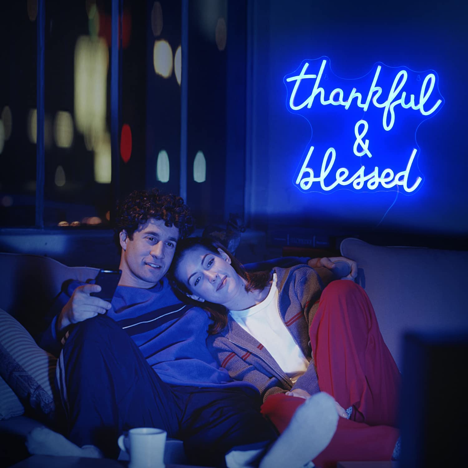 Neon Thankful and Blessed Sign