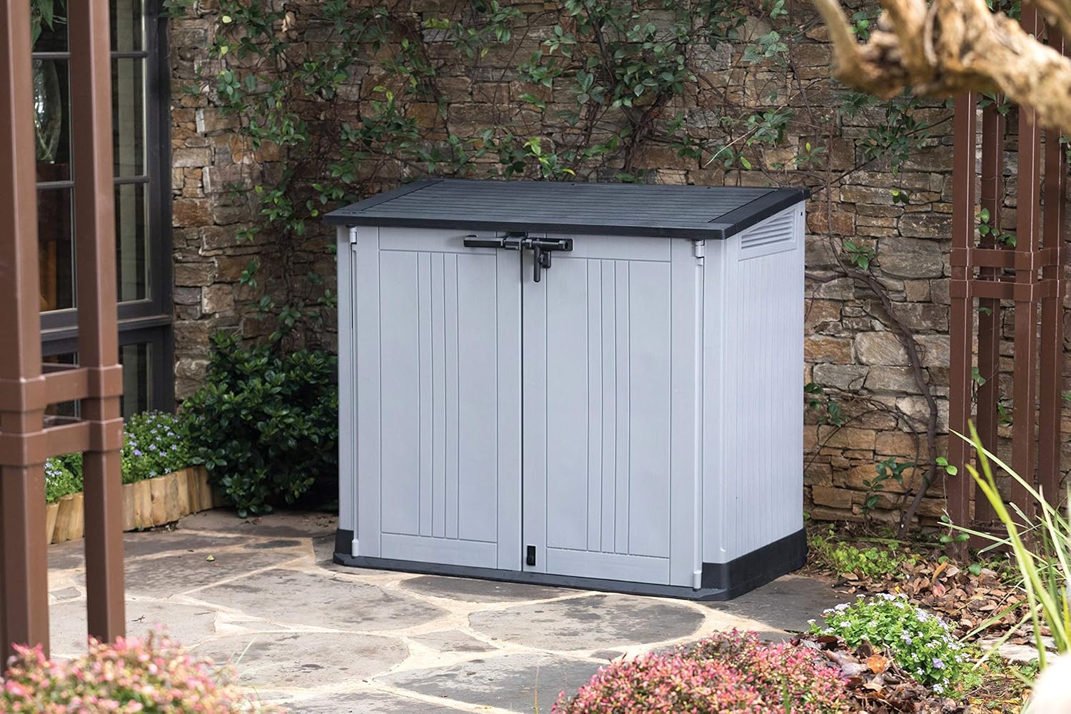 Outdoor Garden Furniture Storage Shed Light Grey with Dark Grey Lid | Fade Free | All Weather Resistant | Safe and Secure | Zero Maintenance