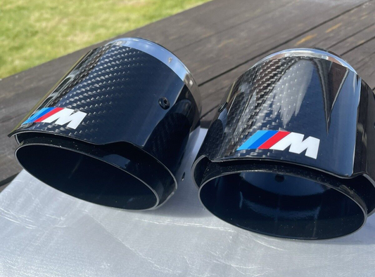 2 x BMW F40 M135i Xdrive CARBON FIBRE M LOGO BLACK 4" EXHAUST TIPS 2019-2023