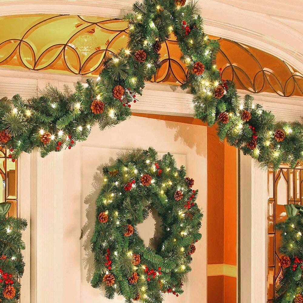 9FT Christmas Garland with Lights and Pine Cone Wreath Stairs Fireplaces Decor