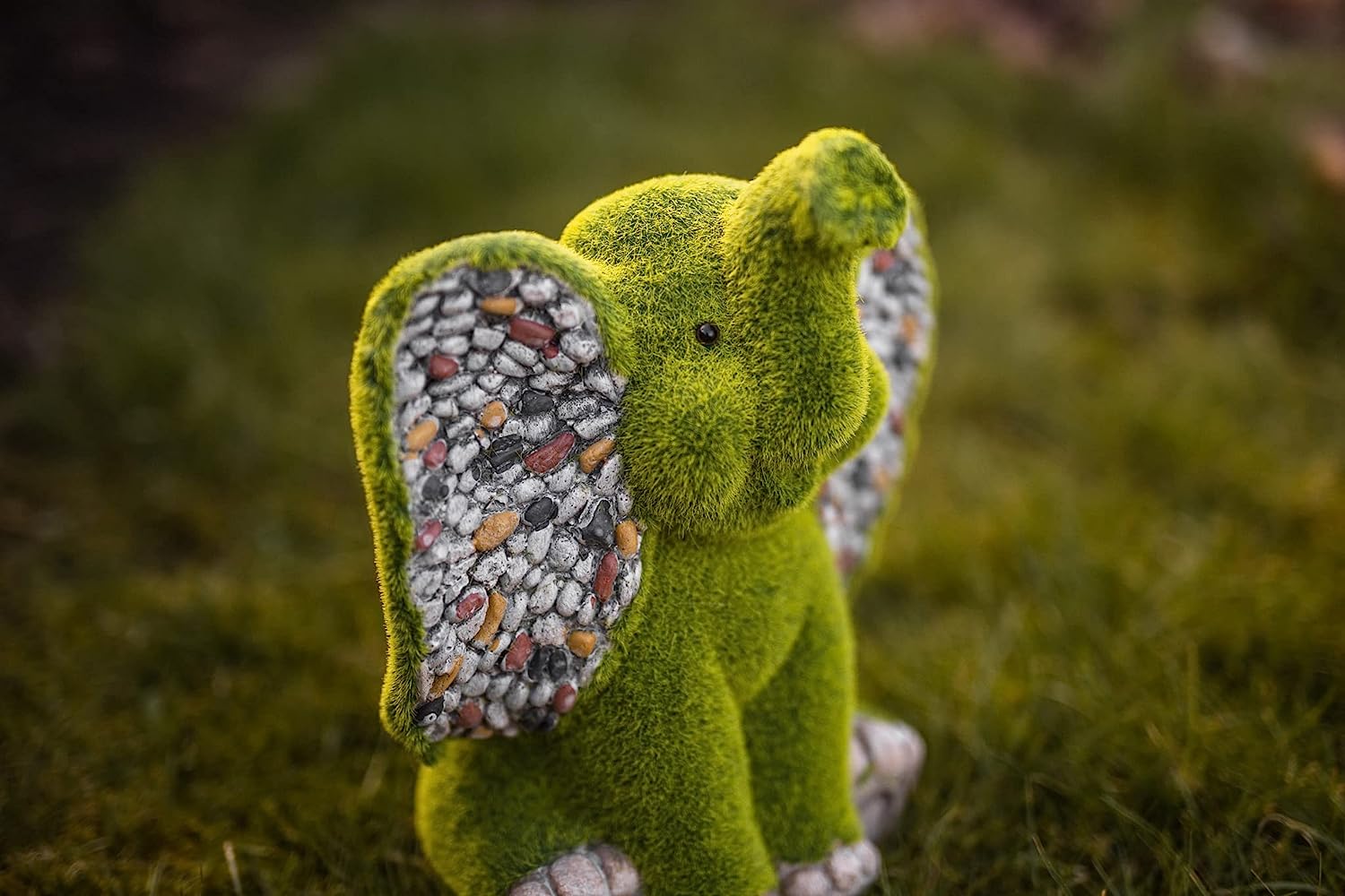 Stone Effect Novelty Elephant - Garden Ornaments Outdoor Animal Statue with Grass, Free Standing Animal Figurine