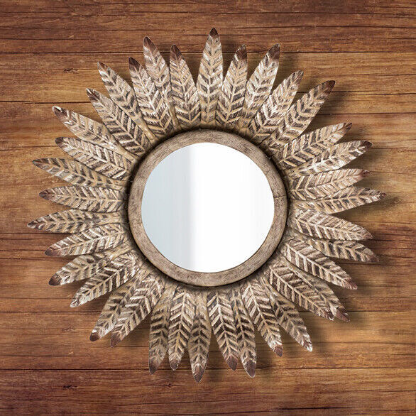 Bronze Hanging Mirror Home Decor Round Feathered Wall Mount 40cm Ornate Art