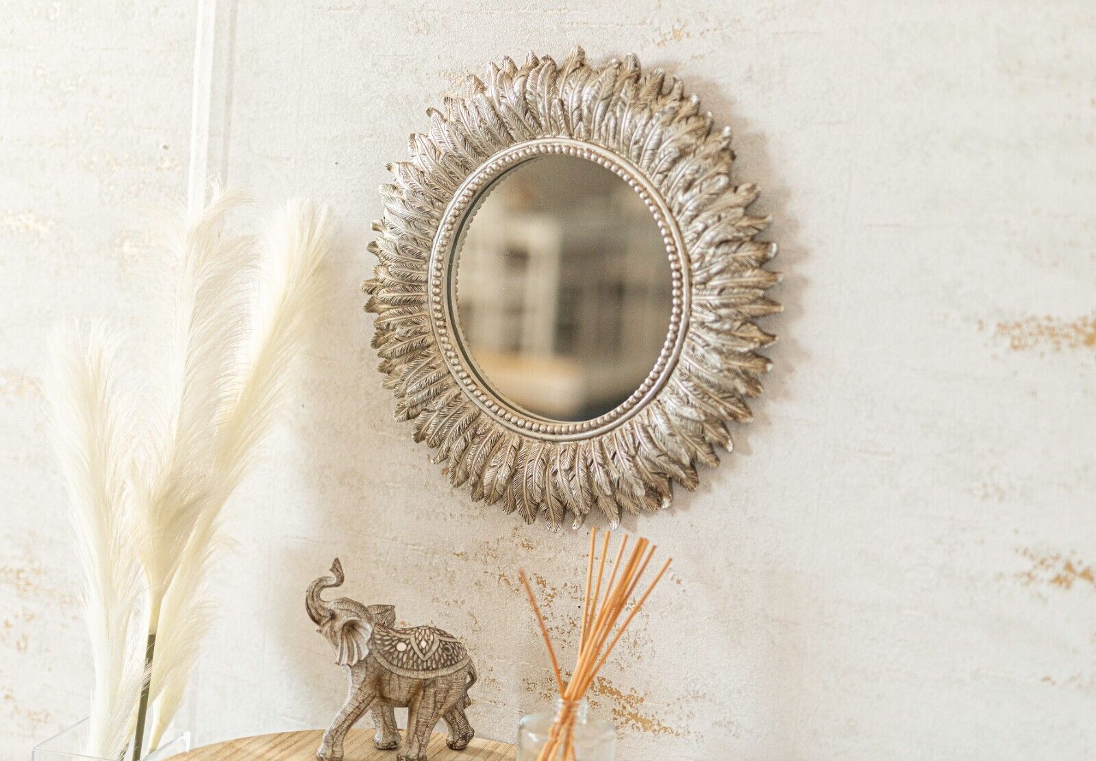 Round Hanging Wall Mirror Distressed Silver Home Decor Feathered Round Large