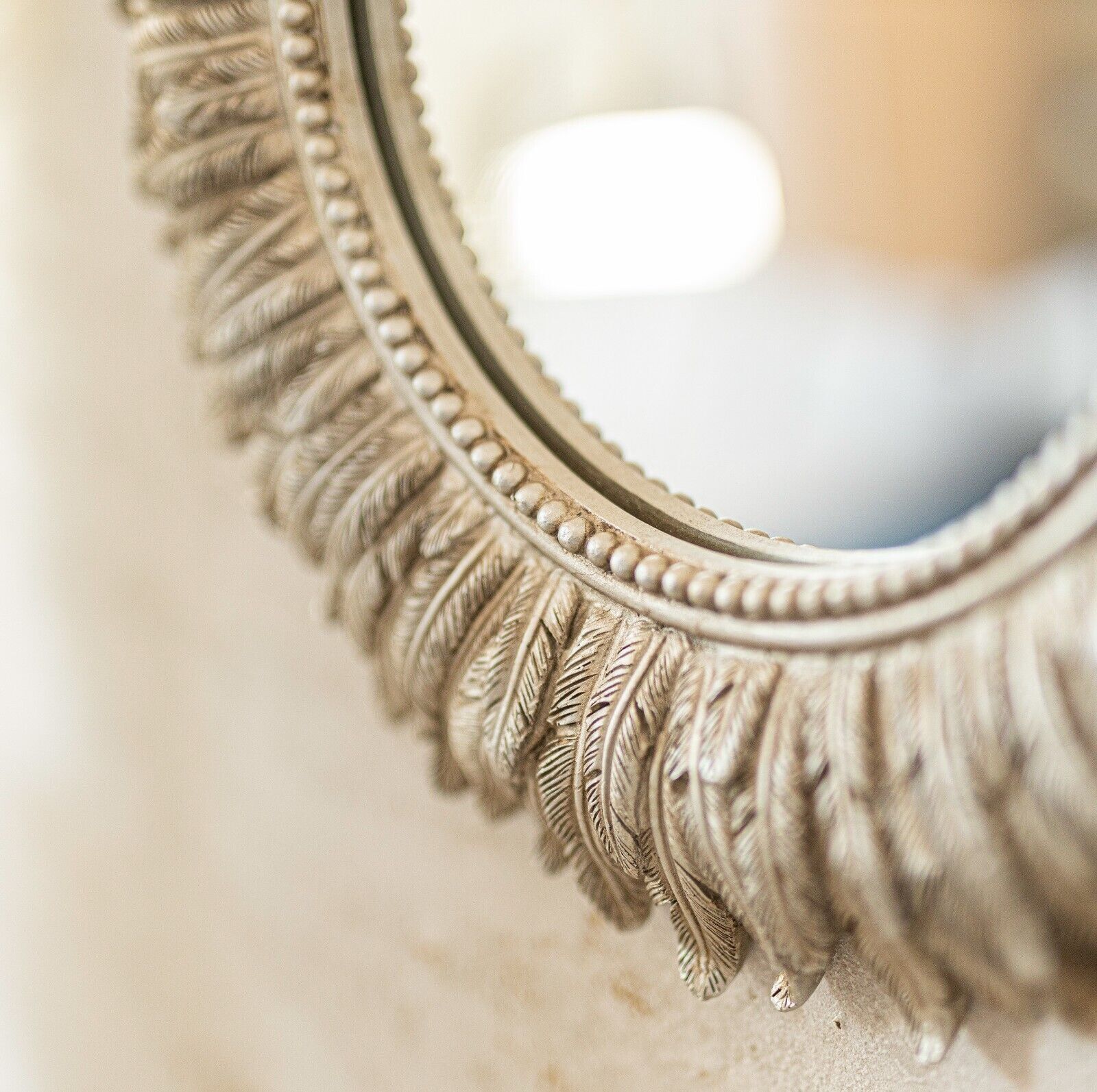 Round Hanging Wall Mirror Distressed Silver Home Decor Feathered Round Large