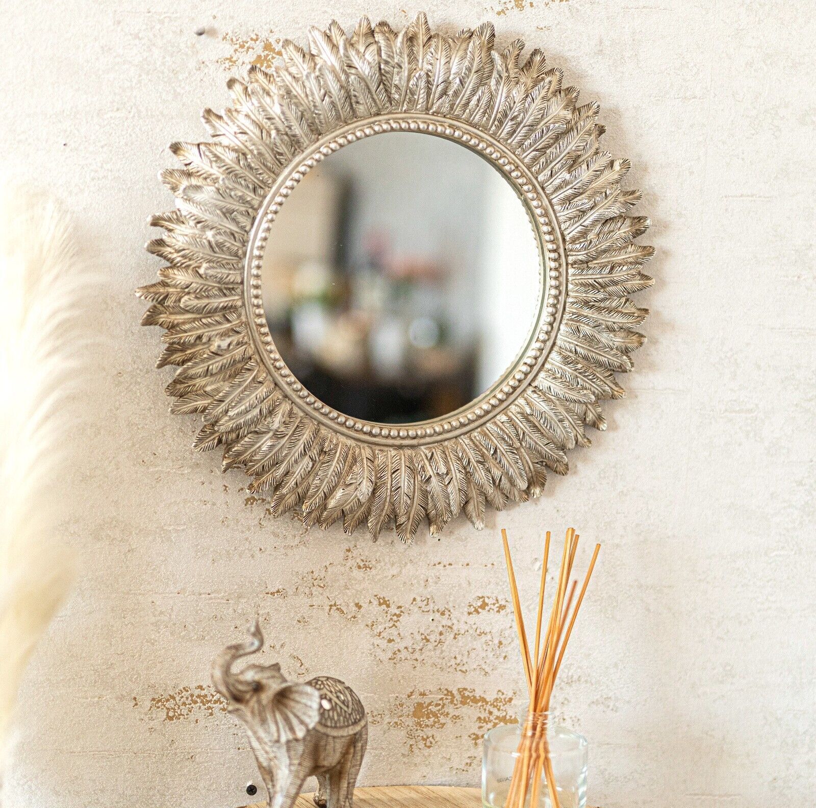 Round Hanging Wall Mirror Distressed Silver Home Decor Feathered Round Large