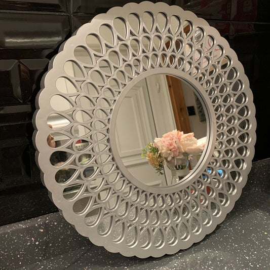 Silver Wall Mirror Round Moroccan Wall Art Deco Round Sunburst Wall Mirror 39cm