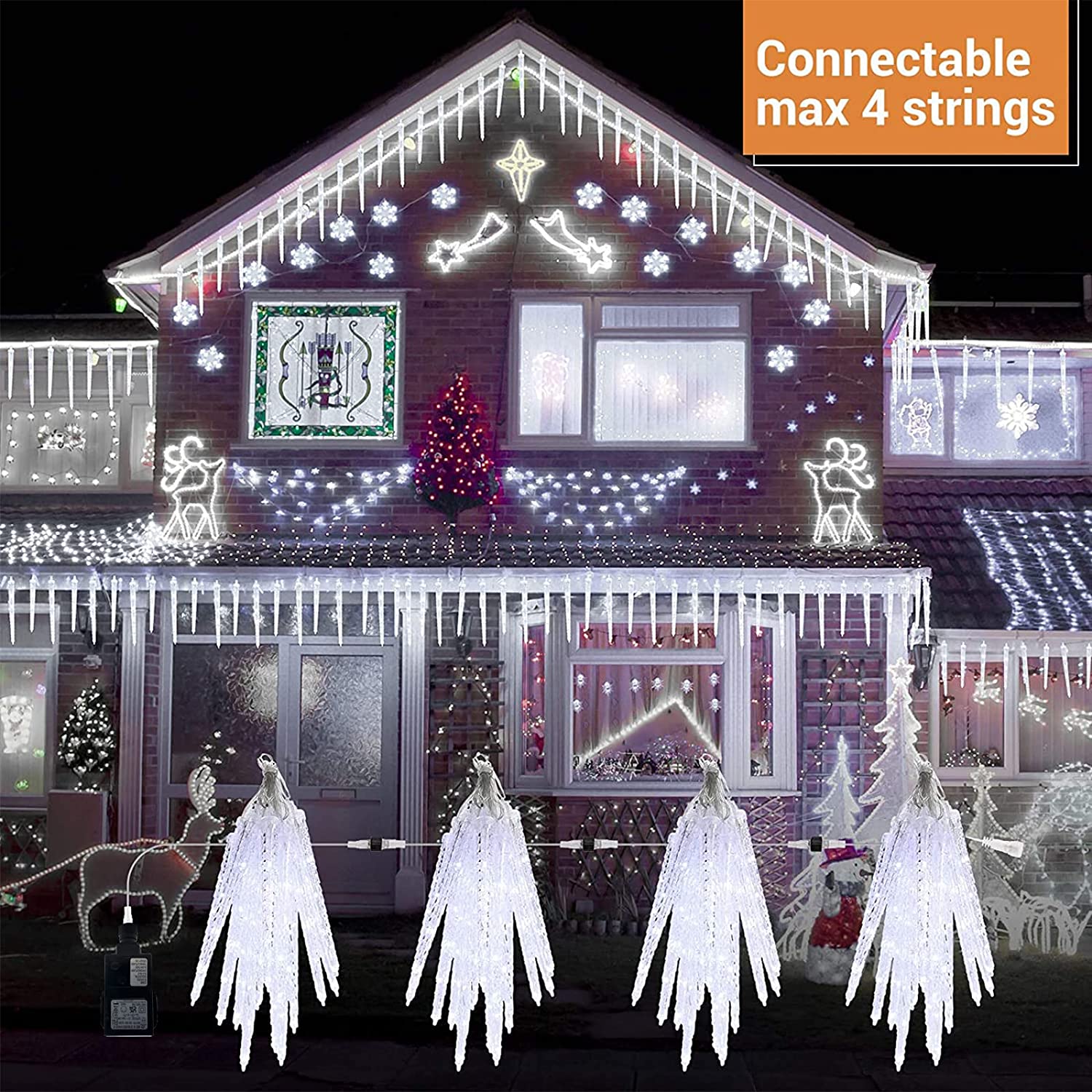 Christmas Icicle Lights Outdoor, 20-Count 90 LED Icicle Fairy Lights Waterproof, Outdoor Christmas Decorative Icicle Lights, Cool White LED Mains