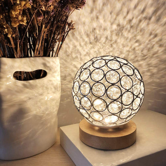 Crystal USB Table Lamp Silver Crystal Ball with Wooden Base Bedside Table Lamp