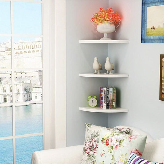 Set of 3 White Floating Wall Corner Shelves Shelf Unit Storage Display Bookcase