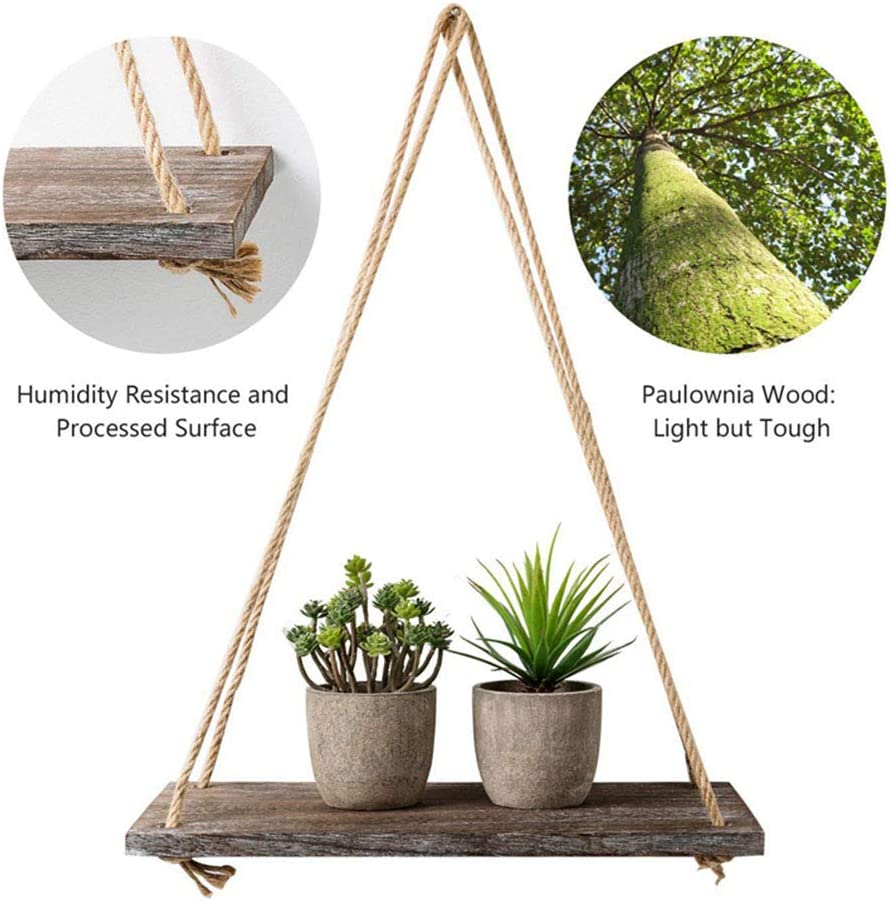 2 Rustic Wooden Floating Shelves with String Rope