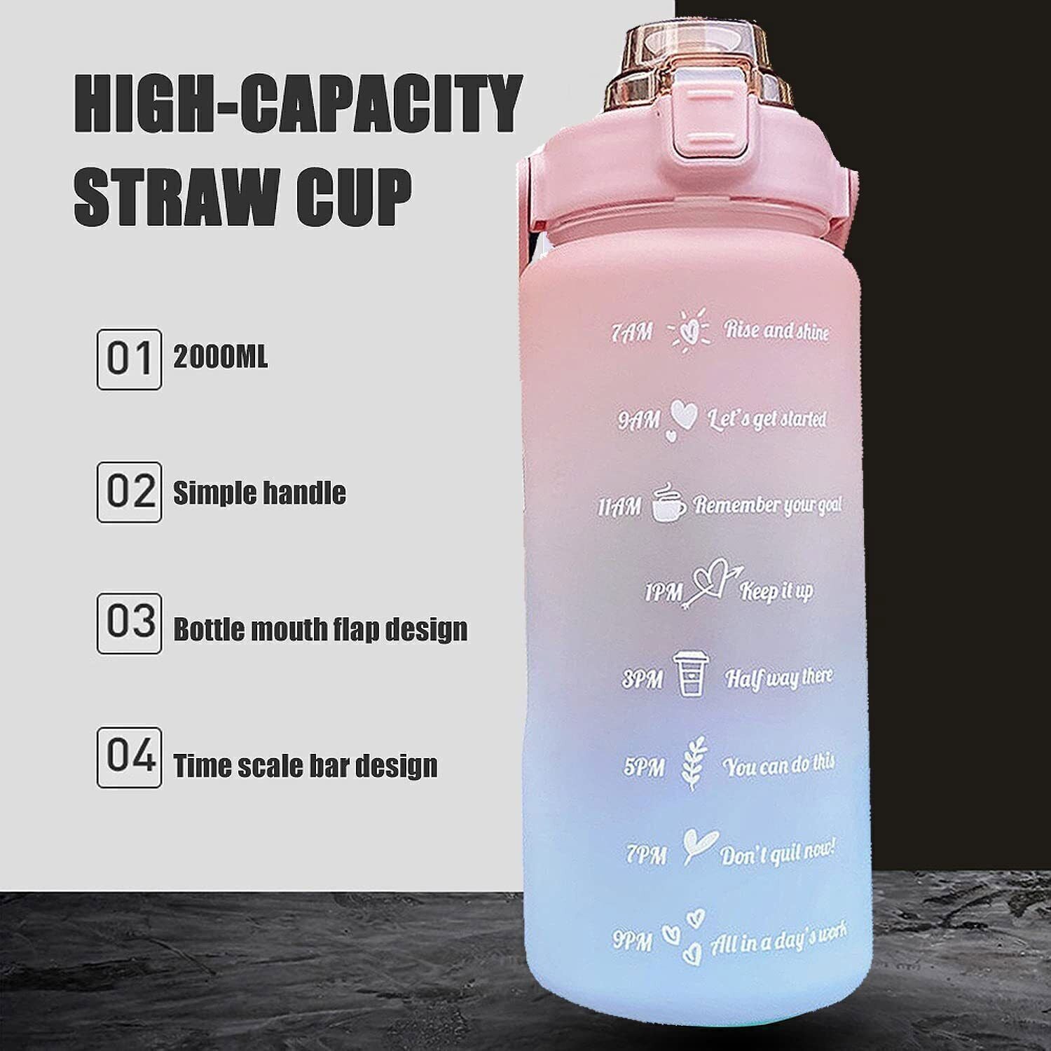 2L Motivational Water Bottle With Time Marker Straw ExtraLarge 2000ml Time Stamp