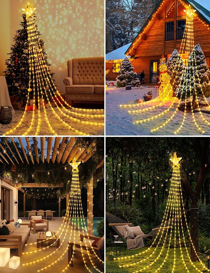 Outdoor Christmas Decorations, 3.5M Christmas Star Lights LED Waterfall Christmas Lights 8 Mode