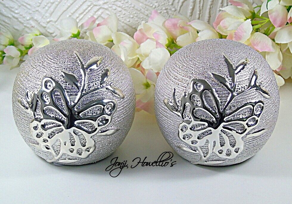 Butterfly Decor Ball Ornaments Silver Ceramic Home Art Decor Gift Set Of 2