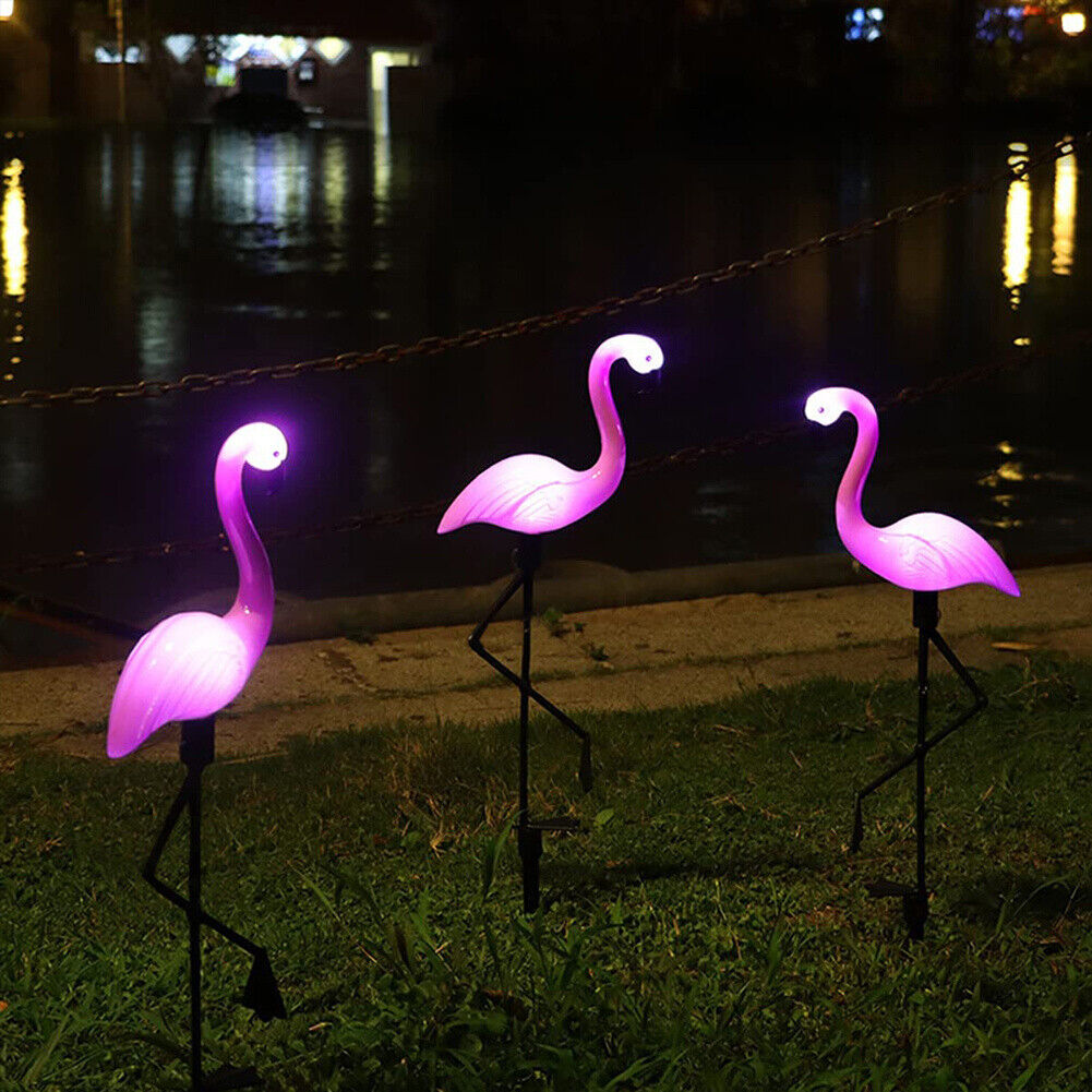 3pcs Pink Plastic Flamingo Solar Garden Stake LED Light Ornament Outdoor Decor