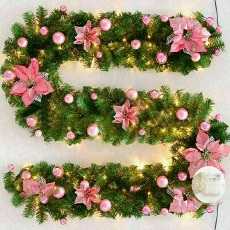 9FT Pre Lit Christmas Garland LED Lights Wreath Xmas Decorations Christmas Balls