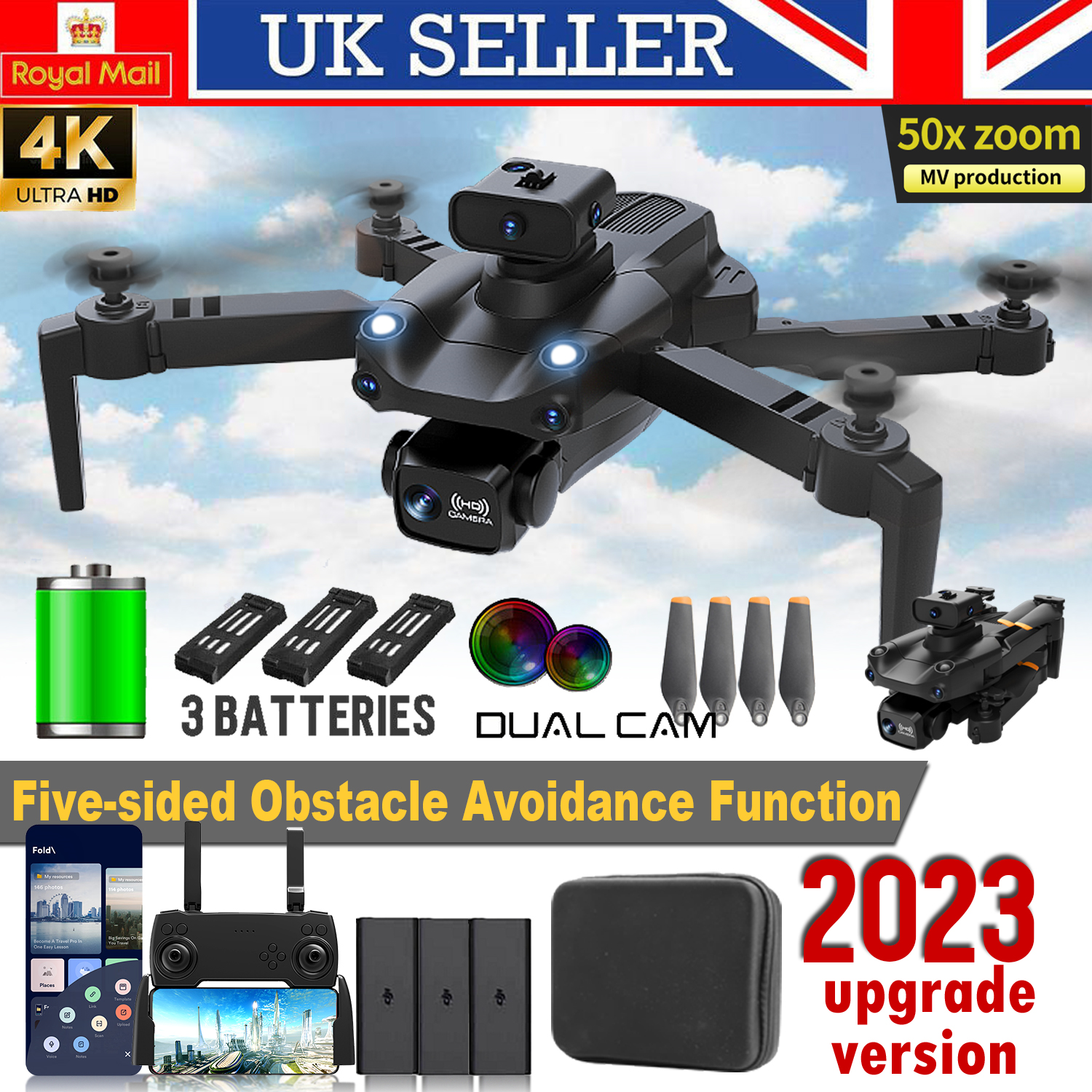 3 Batteries Drone Pro 4K HD Selfie Camera WIFI FPV GPS Foldable RC Quadcopter