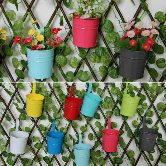 10x Garden Metal Flower Pots Wall Hanging Tin Basket Bucket Plant Herb Planter