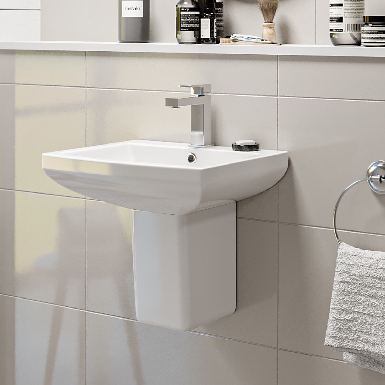 Wall Mounted Basin & Semi-Pedestal 460mm One Tap Hole Bathroom Sink Ceramic