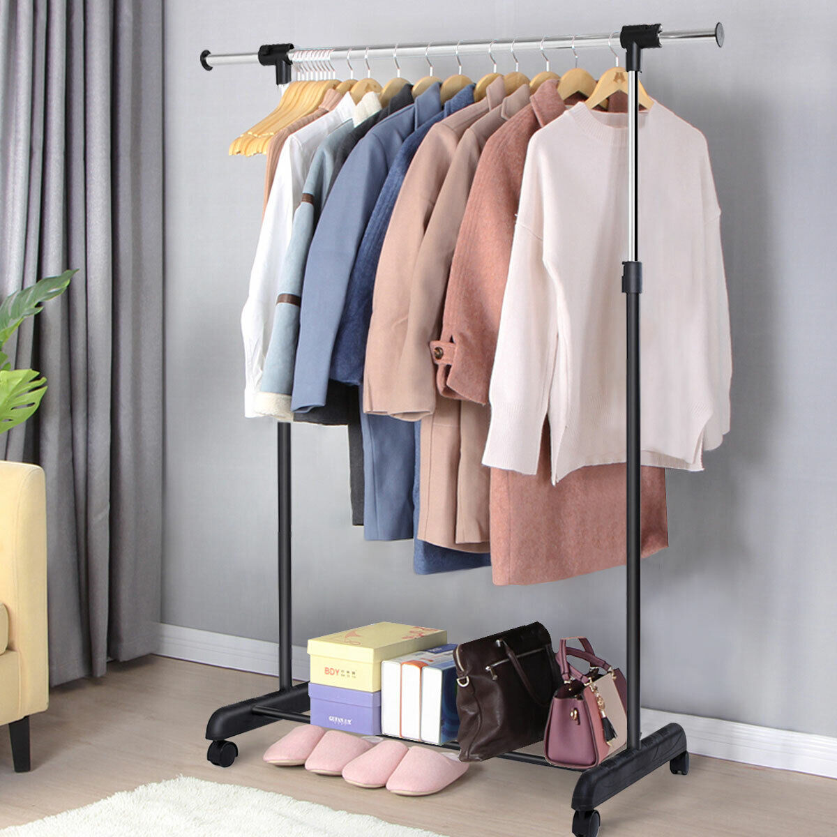 Adjustable Garment Rack Rolling Clothes Hanging Rail Metal Rack Single Rails